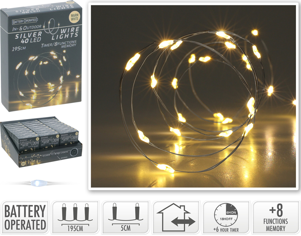 Ljusslinga 40 LED varmvit silvertråd