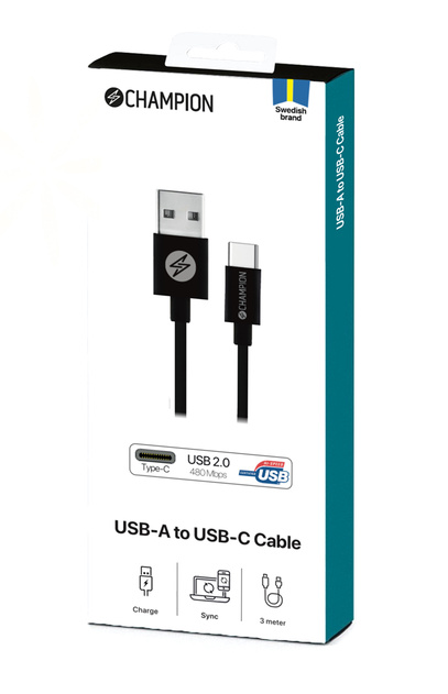 Kabel USB-A till USB-C 3m svart