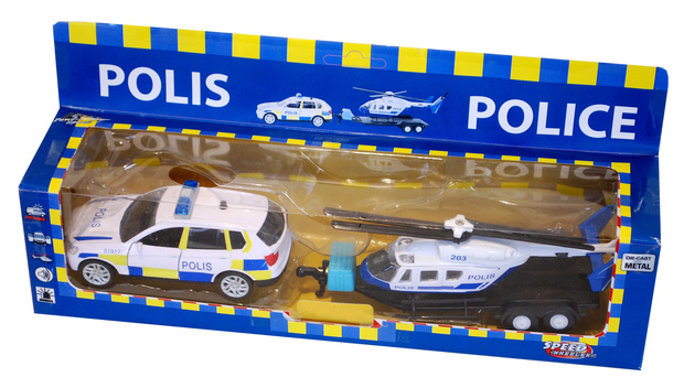 Polisbil med släp och helikopter