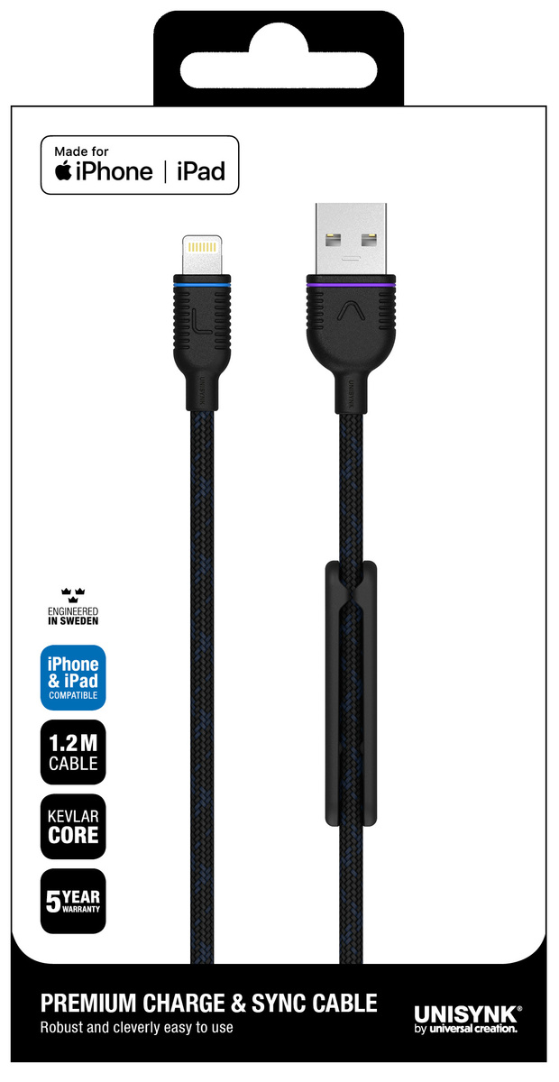 Kabel USB-Lightning iPhone svart 1,2 m